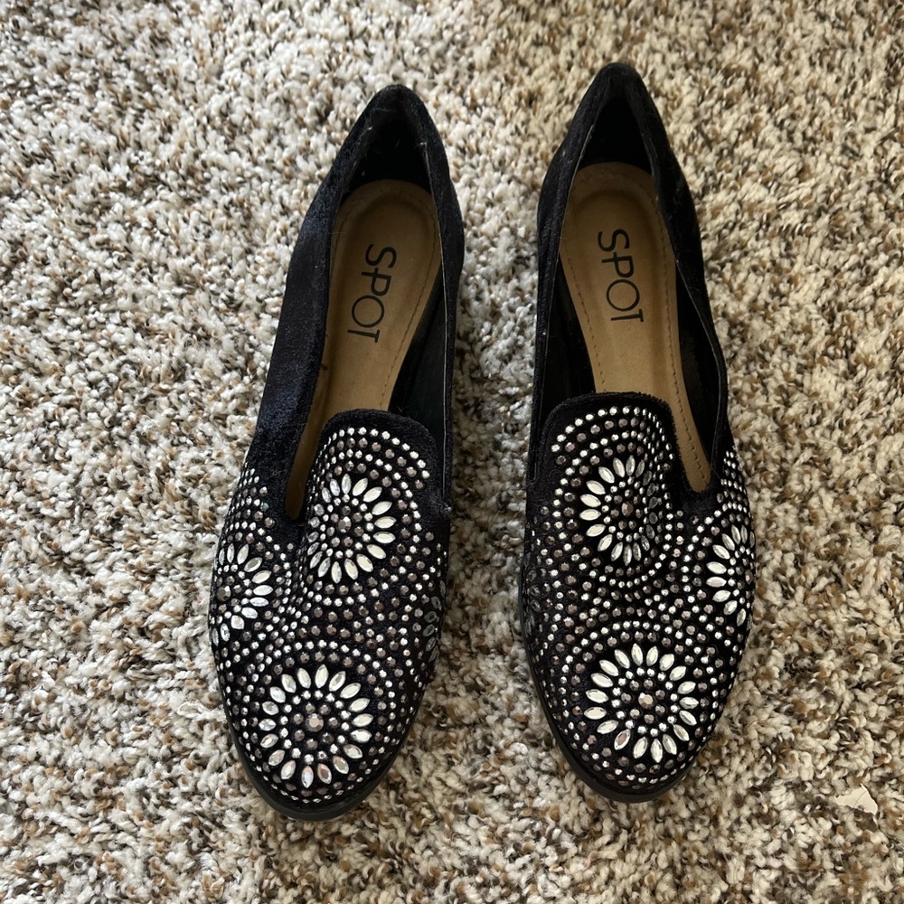 Black rhinestoned velvet loafers